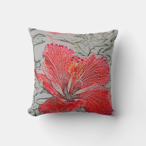 Tropical red_orange hibiscus throw pillow