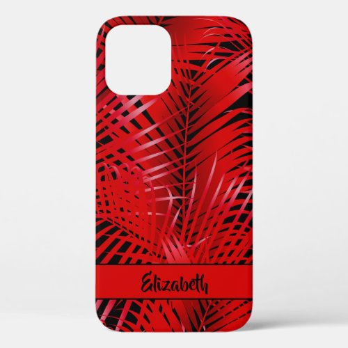 Tropical Red Palm Fronds on Black Personalized iPhone 12 Case