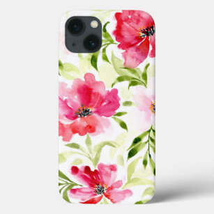 Tropical red pink floral poppy pattern iPhone 13 case