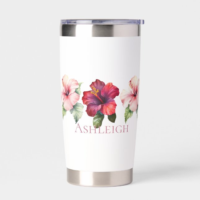 Tropical Red Pink Hibiscus Flowers Insulated Tumbler (Left)