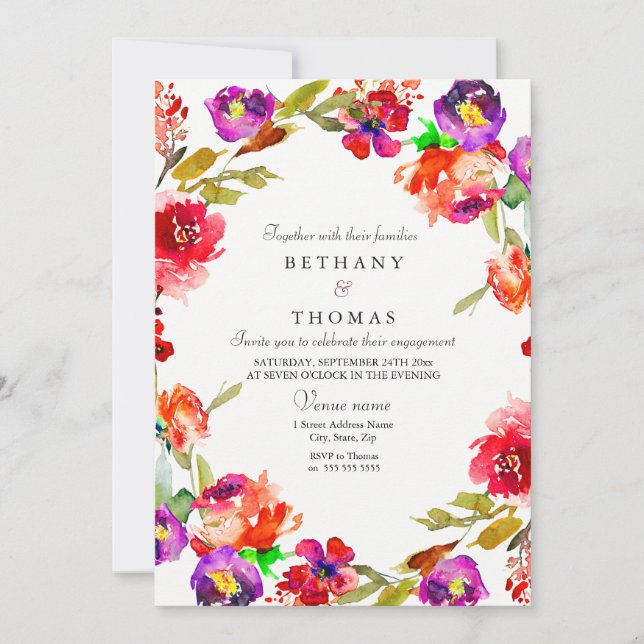 Tropical Red Purple Floral Engagement Party Invite (Front)
