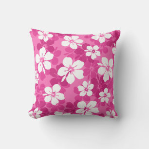 Tropical Red Violet White Hibiscus Flower Pattern Outdoor Pillow