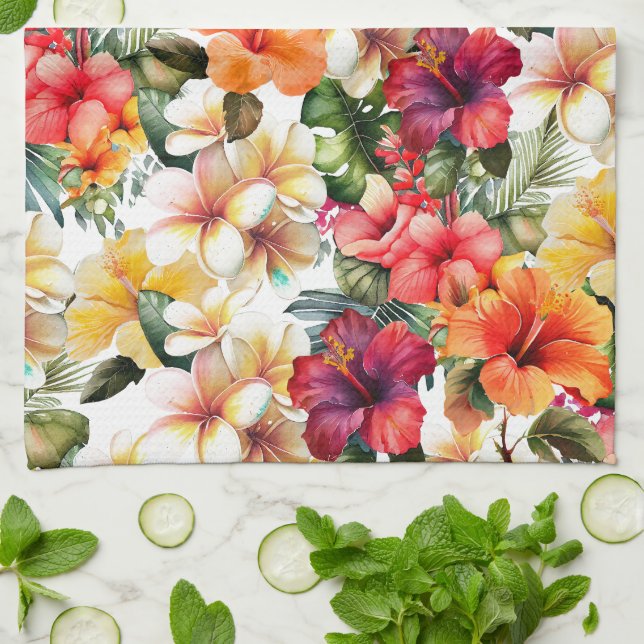 Tropical Red White Yellow Hibiscus Floral Kitchen Towel (Folded)