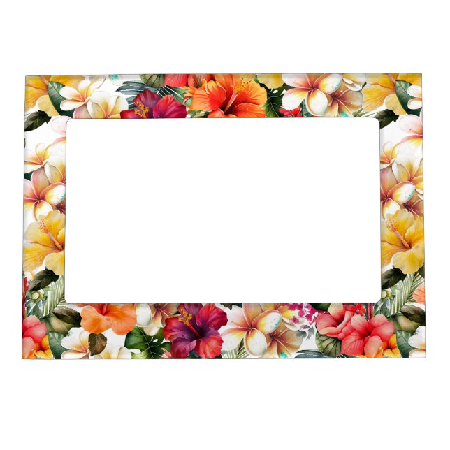 Tropical Red White Yellow Hibiscus Floral Magnetic Frame (Front)