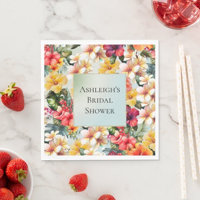 Tropical Red White Yellow Hibiscus Floral Napkins (Insitu)