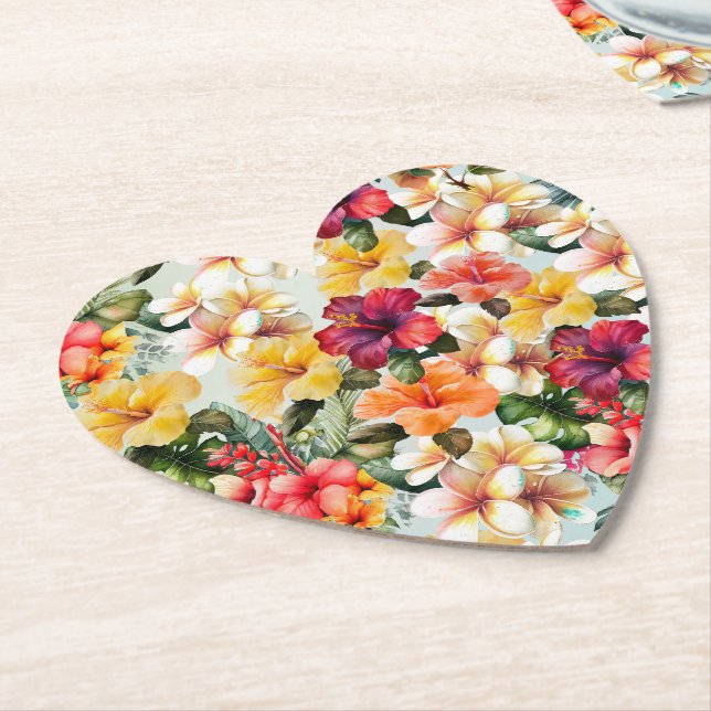 Tropical Red White Yellow Hibiscus Floral Paper Coaster (Angled)