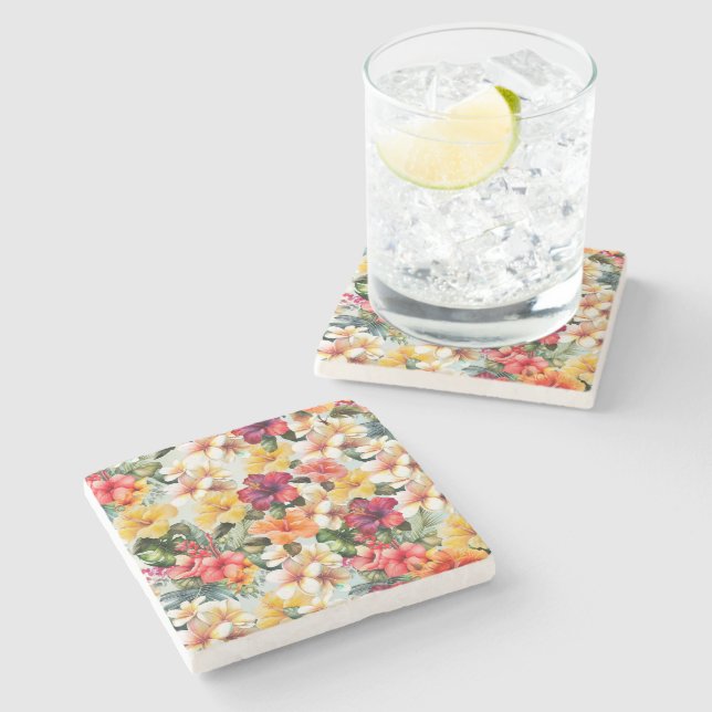 Tropical Red White Yellow Hibiscus Floral Stone Coaster (Side)