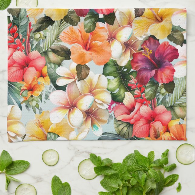 Tropical Red White Yellow Mint Hibiscus Floral Kitchen Towel (Folded)