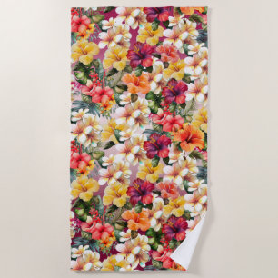 Tropical Red White Yellow Orange Hibiscus Floral Beach Towel