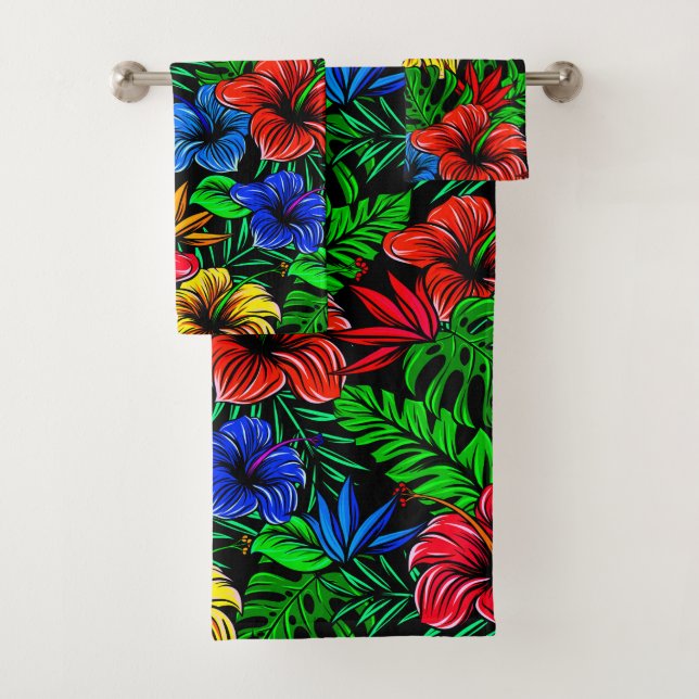 Tropical Red Yellow Blue Hibiscus Flower Bath Towel Set (Insitu)