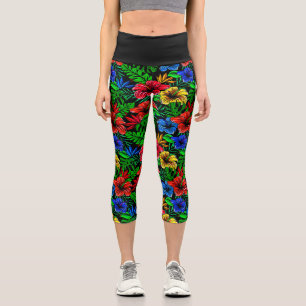 Tropical Red Yellow Blue Hibiscus Flower Capri Leggings