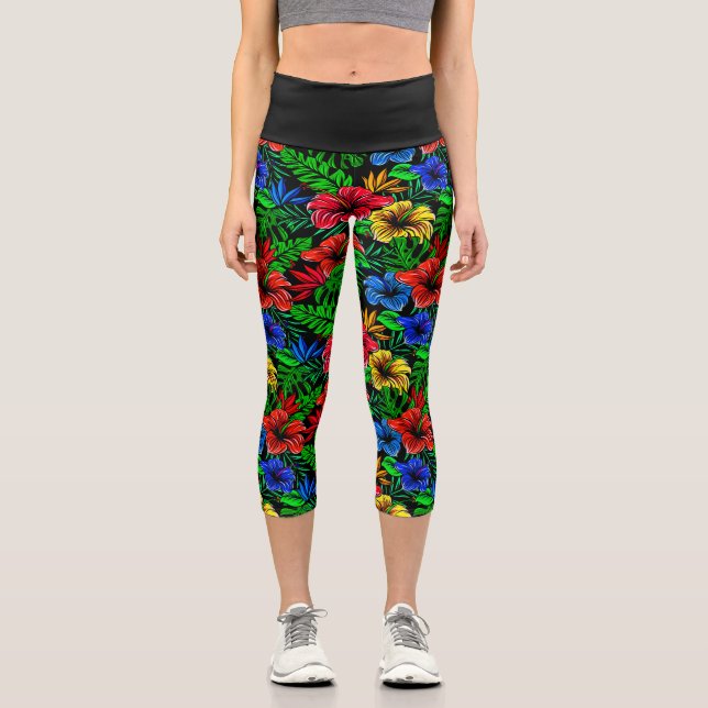 Tropical Red Yellow Blue Hibiscus Flower Capri Leggings (Front)