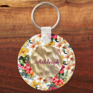 Tropical Red Yellow Hibiscus Flowers Bridal Shower Keychain