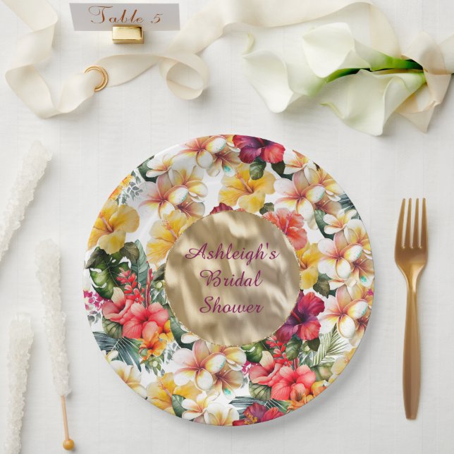 Tropical Red Yellow Hibiscus Flowers Bridal Shower Paper Plates (Wedding)