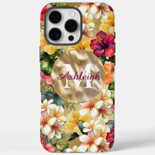 Tropical Red Yellow Hibiscus Flowers Monogram iPhone 16 Pro Max Case