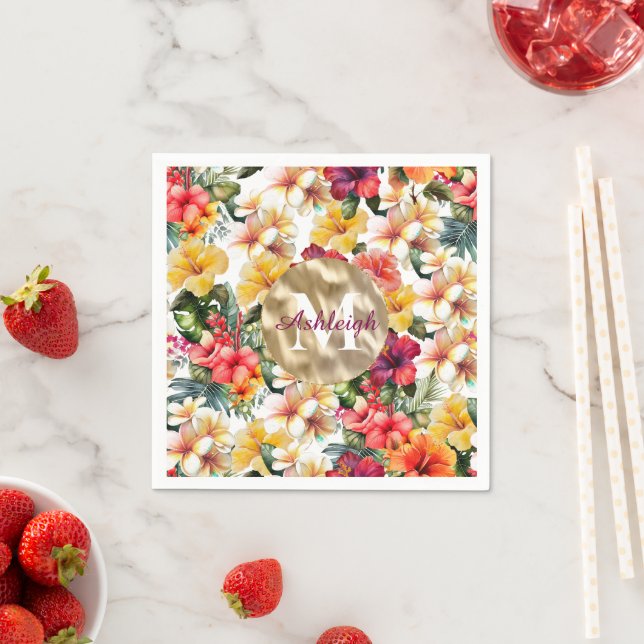 Tropical Red Yellow Hibiscus Flowers Monogram Napkins (Insitu)
