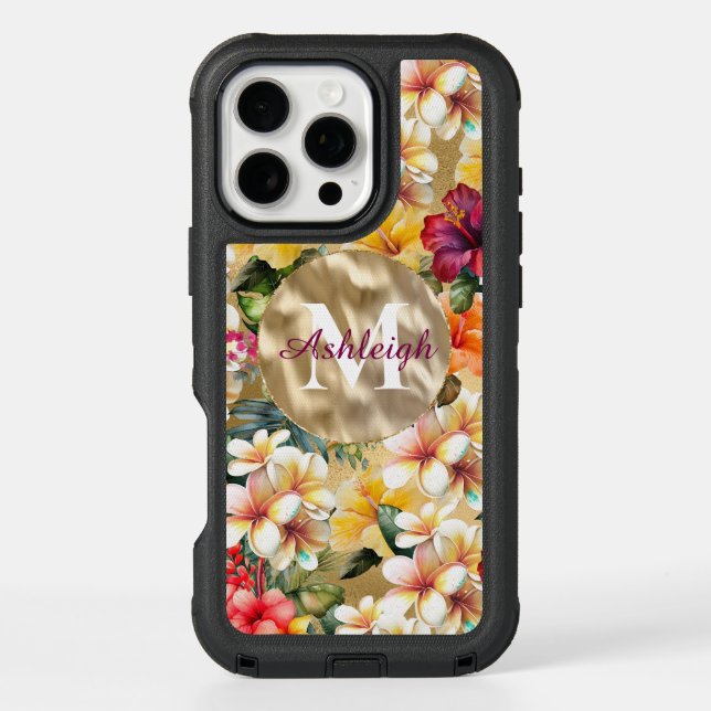 Tropical Red Yellow Hibiscus Flowers Monogram Otterbox iPhone Case (Back)