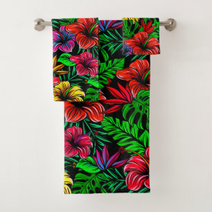 Tropical Red Yellow Pink Hibiscus Flower Bath Towel Set