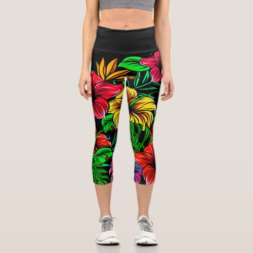 Tropical Red Yellow Pink Hibiscus Flower Capri Leggings