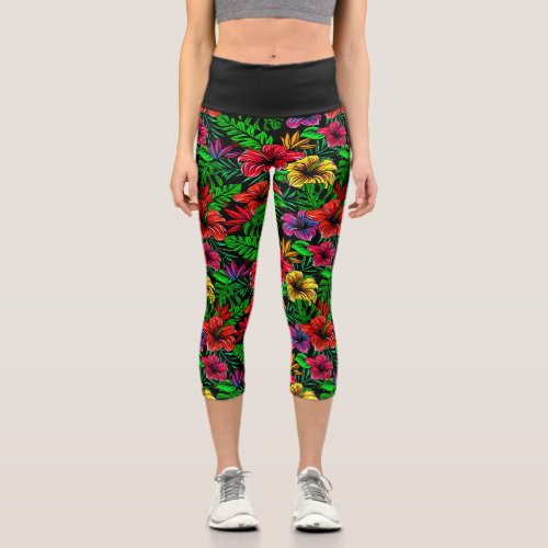 Tropical Red Yellow Pink Hibiscus Flower Capri Leggings