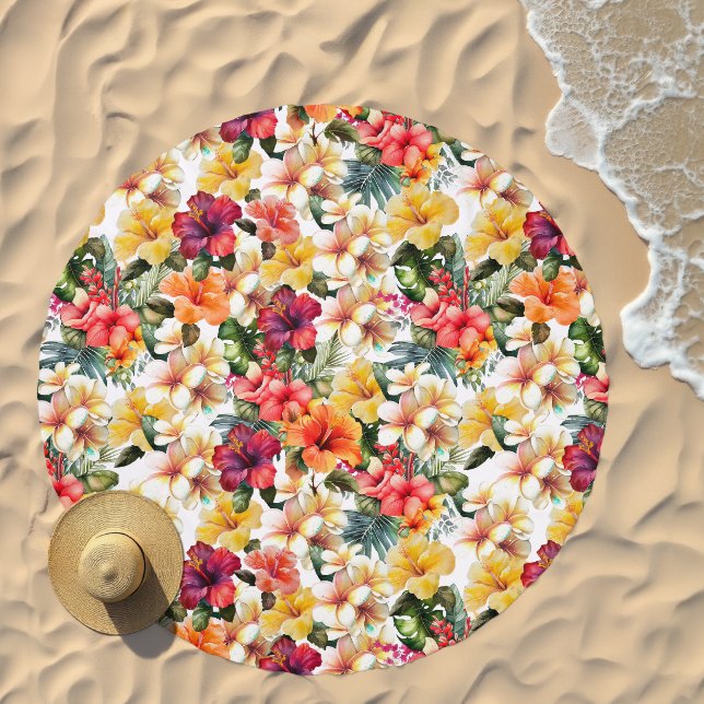 Tropical Red Yellow Tropical Hibiscus Flowers Beach Towel (Beach)