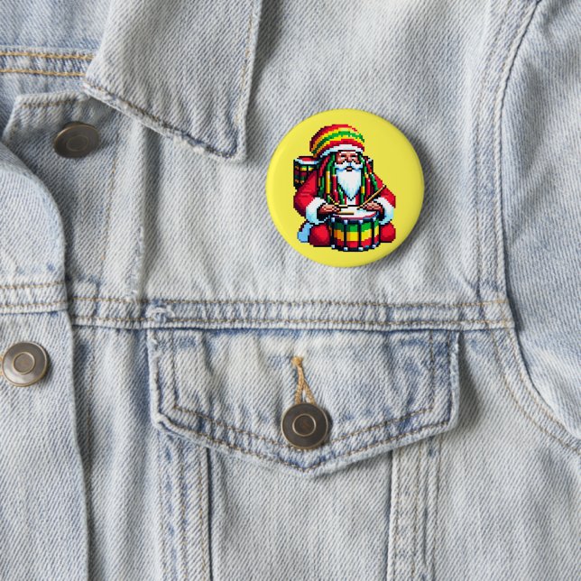 Tropical Reggae Santa - Christmas Drummer Art Button (In Situ)