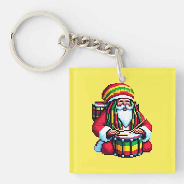 Tropical Reggae Santa - Christmas Drummer Art Keychain (Front)