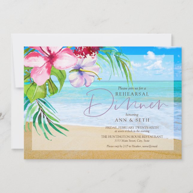 Tropical Rehearsal Dinner Sandy Beach Invitation (Front)