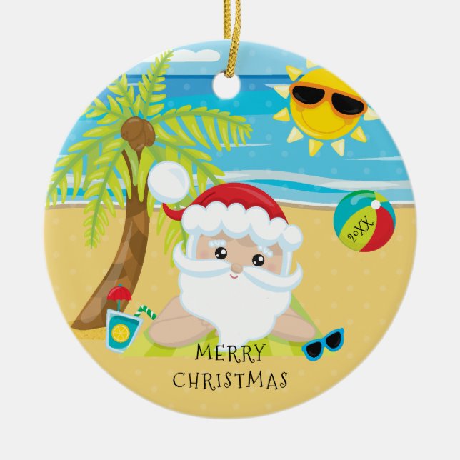 Tropical Relaxing Santa Hawaiian Christmas Ceramic Ornament (Front)