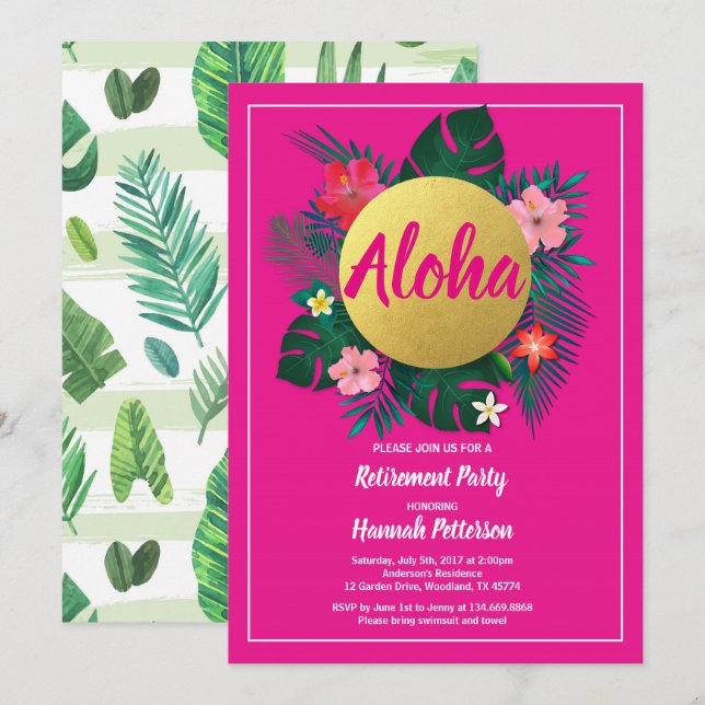 Tropical retirement party invitation hot pink gold (Front/Back)