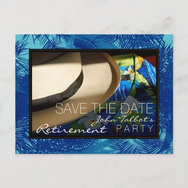 Tropical Retirement with Blue Palms Save the Date Announcement Postcard (Front)