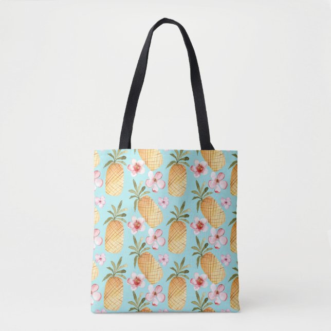 Tropical retro pineapple print on turquoise tote bag (Front)