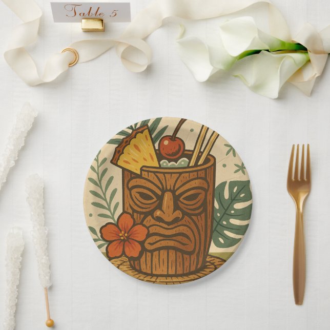 Tropical Retro Tiki Drink Hawaiian Luau Birthday  Paper Plates (Wedding)