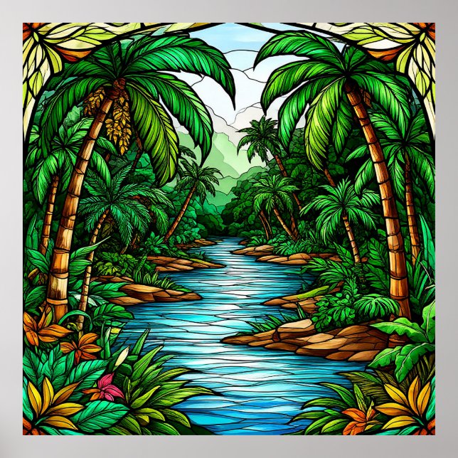 Tropical River and Palm Trees in a Vibrant Jungle Poster (Front)