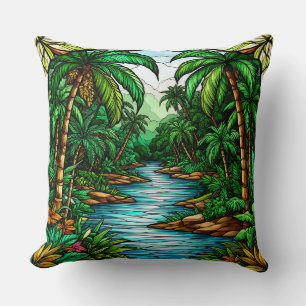 Tropical River and Palm Trees in a Vibrant Jungle Throw Pillow