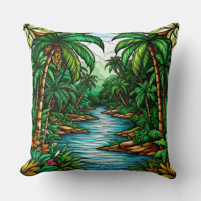 Tropical River and Palm Trees in a Vibrant Jungle Throw Pillow (Front)
