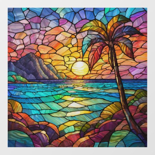 tropical rocky beach stained glass art window cling