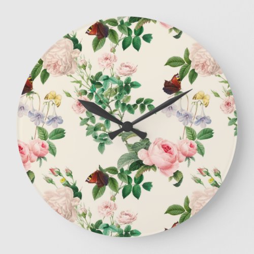 Tropical Rose Garden With Butterflies Pattern Large Clock