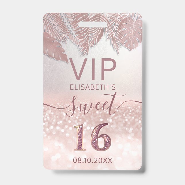 Tropical Rose gold glitter script Sweet 16 VIP Badge (Front)