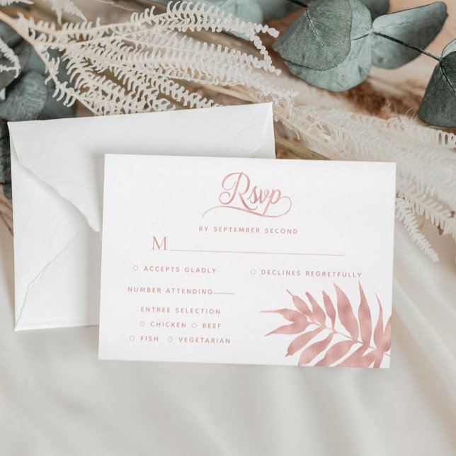 Tropical Rose Gold Leaf Modern White Wedding RSVP (Creator Uploaded)