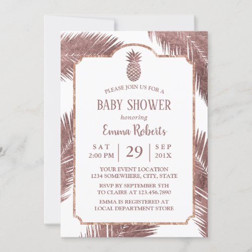 Tropical Rose Gold Pineapple Luau Baby Shower Invitation