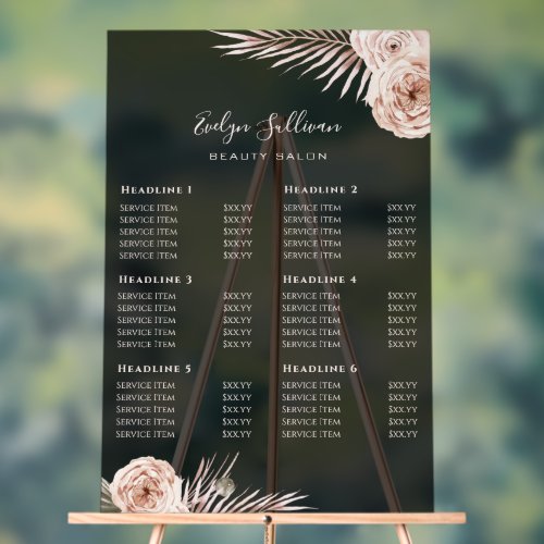 Tropical Roses Transparent Black Price List Acrylic Sign