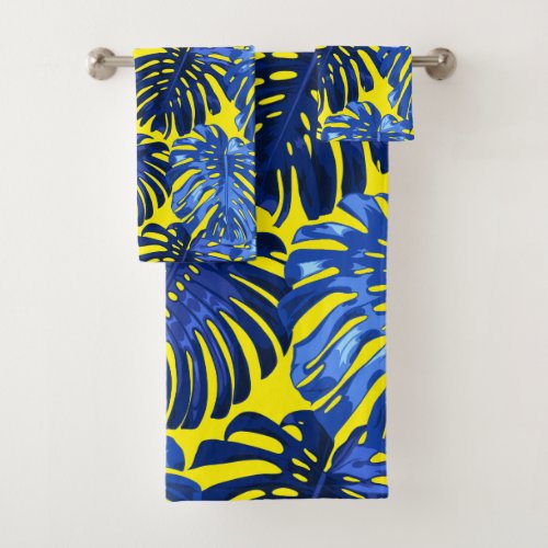 Tropical Royal Blue Yellow Monstera Jungle Leaves Bath Towel Set