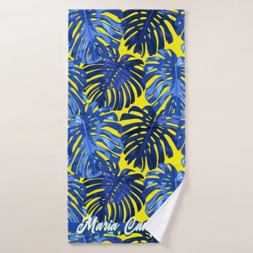 Tropical Royal Blue Yellow Monstera Leaves Name Bath Towel Set