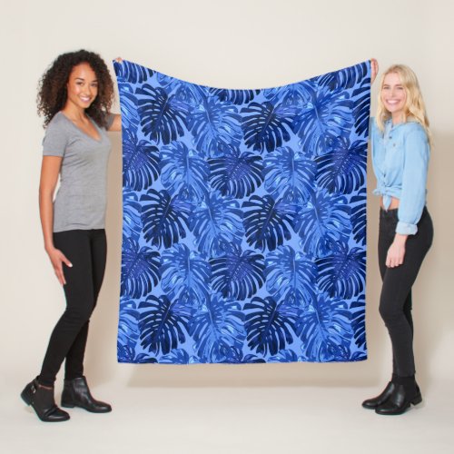Tropical Royal Dark Blue Monstera Jungle Leaves Fleece Blanket