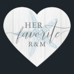 Tropical Rustic Beach Wedding Her Favorite Heart Sticker<br><div class="desc">Rustic Beach Destination Wedding "her favorite" sticker with vintage starfish illustration on a light wood background in soft dusty pastel blue,  gray,  and white. Customize the text and add the couple's initials to create a cute label for his and her favorite treat favors or welcome bag items.</div>
