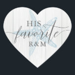 Tropical Rustic Beach Wedding His Favorite Heart Sticker<br><div class="desc">Rustic Beach Destination Wedding "his favorite" sticker with vintage starfish illustration on a light wood background in soft dusty pastel blue,  gray,  and white. Customize the text and add the couple's initials to create a cute label for his and her favorite treat favors or welcome bag items.</div>