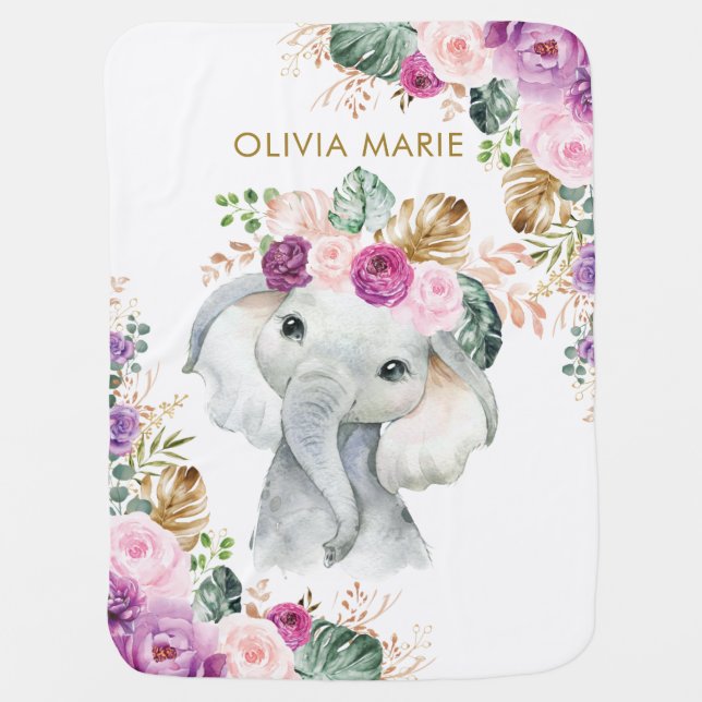 Tropical Rustic Boho Elephant Blush Purple Floral Baby Blanket (Front)