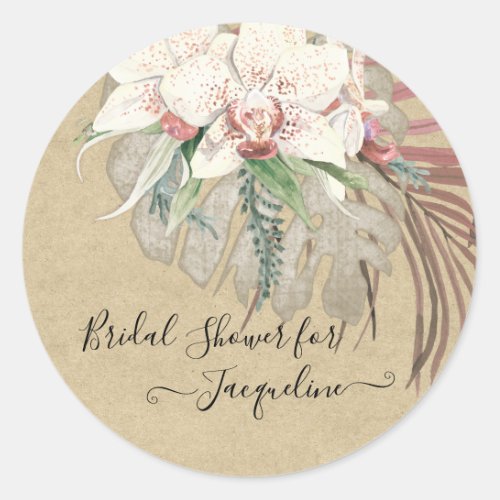Tropical Rustic Kraft Orchid Sage Floral Foliage Classic Round Sticker