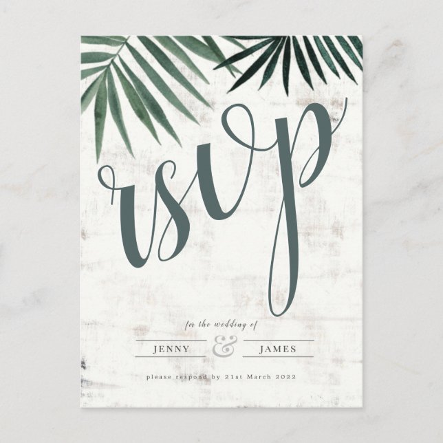Tropical rustic palm leaf rsvp, watercolour invite (Front)